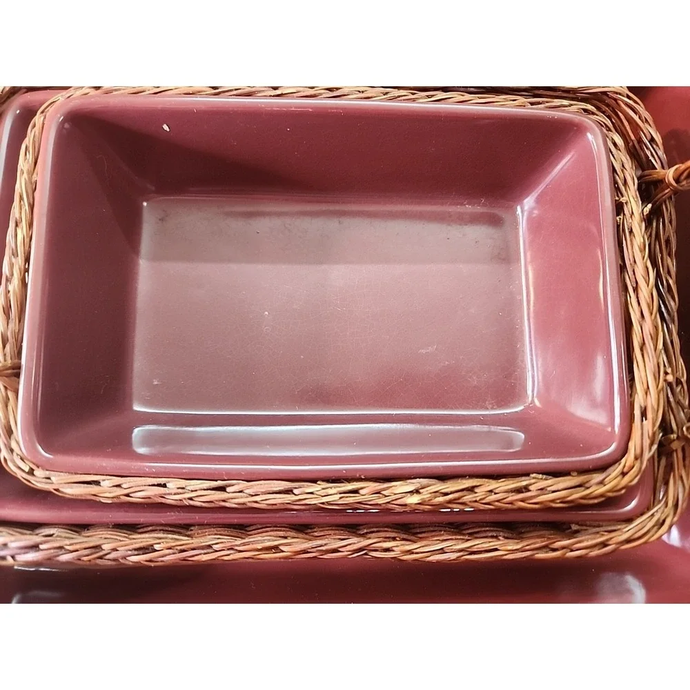 New Temptations RED Stone Casserole Bakeware Dish Set w/Handled Baskets